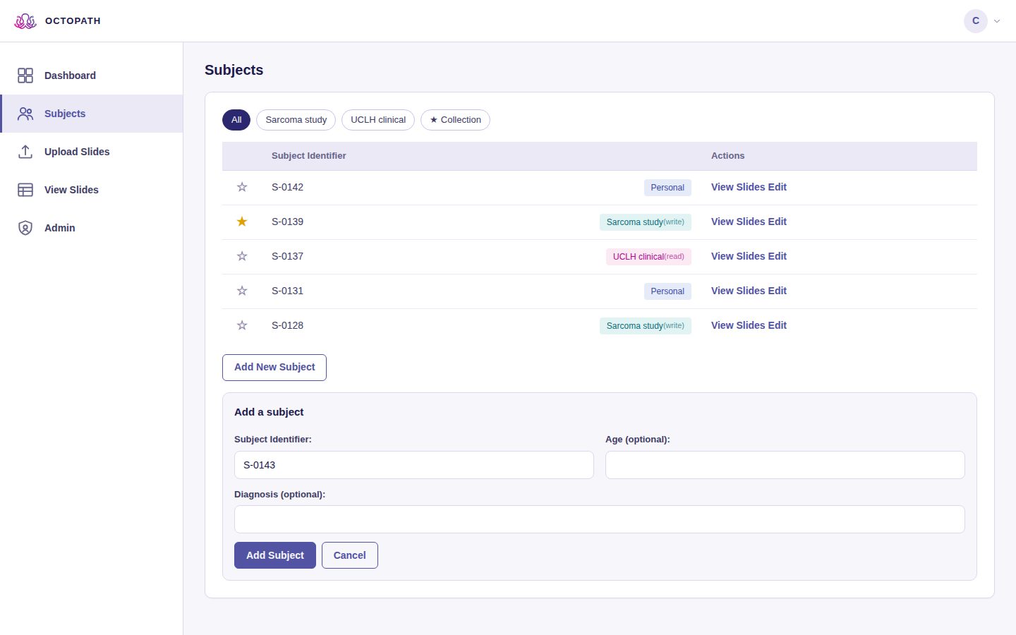 Subjects screen of Compass Platform